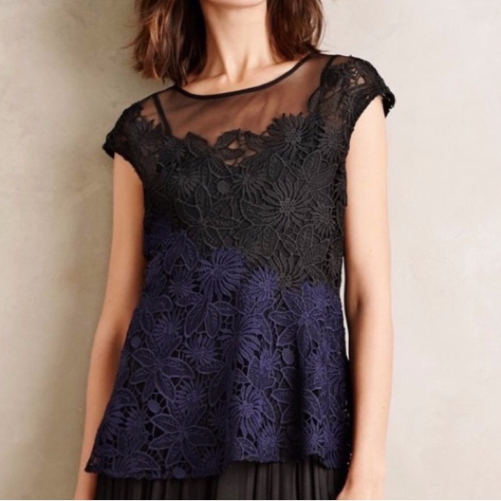 Anthropologie Deletta Garden Guise Navy Black Floral Lace Top Sz S